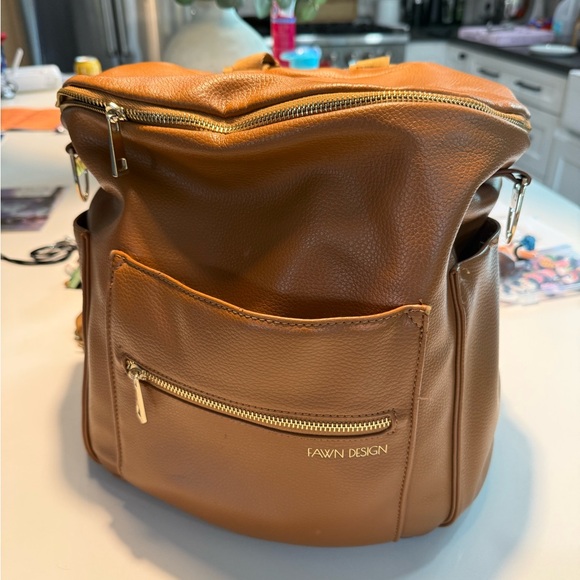 Fawn Design Handbags - Fawn Design Tan Leather Convertible Diaper Bag Backpack with Gold Hardware